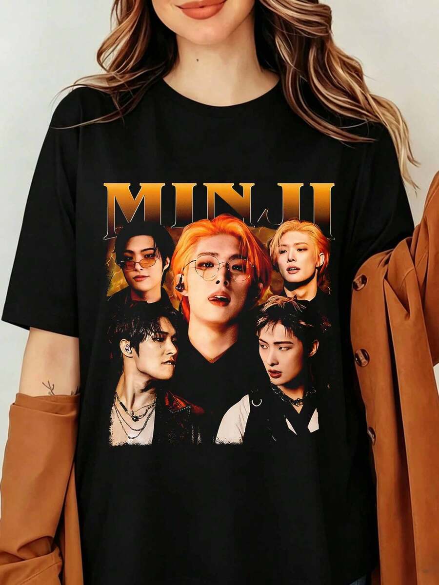 Mingi Ateezs K-Pop Graphic T-Shirt Song Mingi Vintage 90s Bootleg Print Black Oversized Cotton Tee Men Women Streetwear Top, Mingi Ateezs Retro Graphic T-Shirt, Idol Merch Shirt - Black - View 1