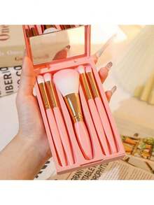 Portable 5-In-1 Makeup Brush Set With Mirror - Multicolor - View 10