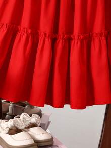 Young Girls' Red Lace Cap Sleeve Layered Frill Trim Sweet Princess Dress, Spring/Summer - Red - View 5