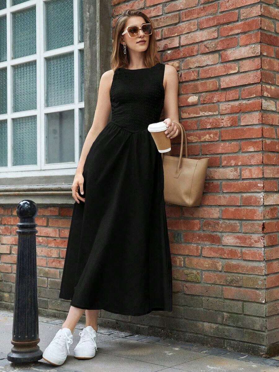 Vestido De Mujer Sin Mangas Con Cintura Ajustada - Negro - Ver 1