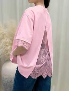 Women's Casual Loose Lace Patchwork Open Back Round Neck Short Sleeve T-Shirt, Solid Color Knit Fabric Lace Patchwork Open Slit Retro Wear Pink Summer - Pink - View 8