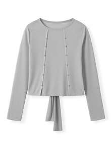Women's Spring Summer Ruched Tops Long Sleeve Solid Color Slim Fit Sheer Blouses - Ash - View 1