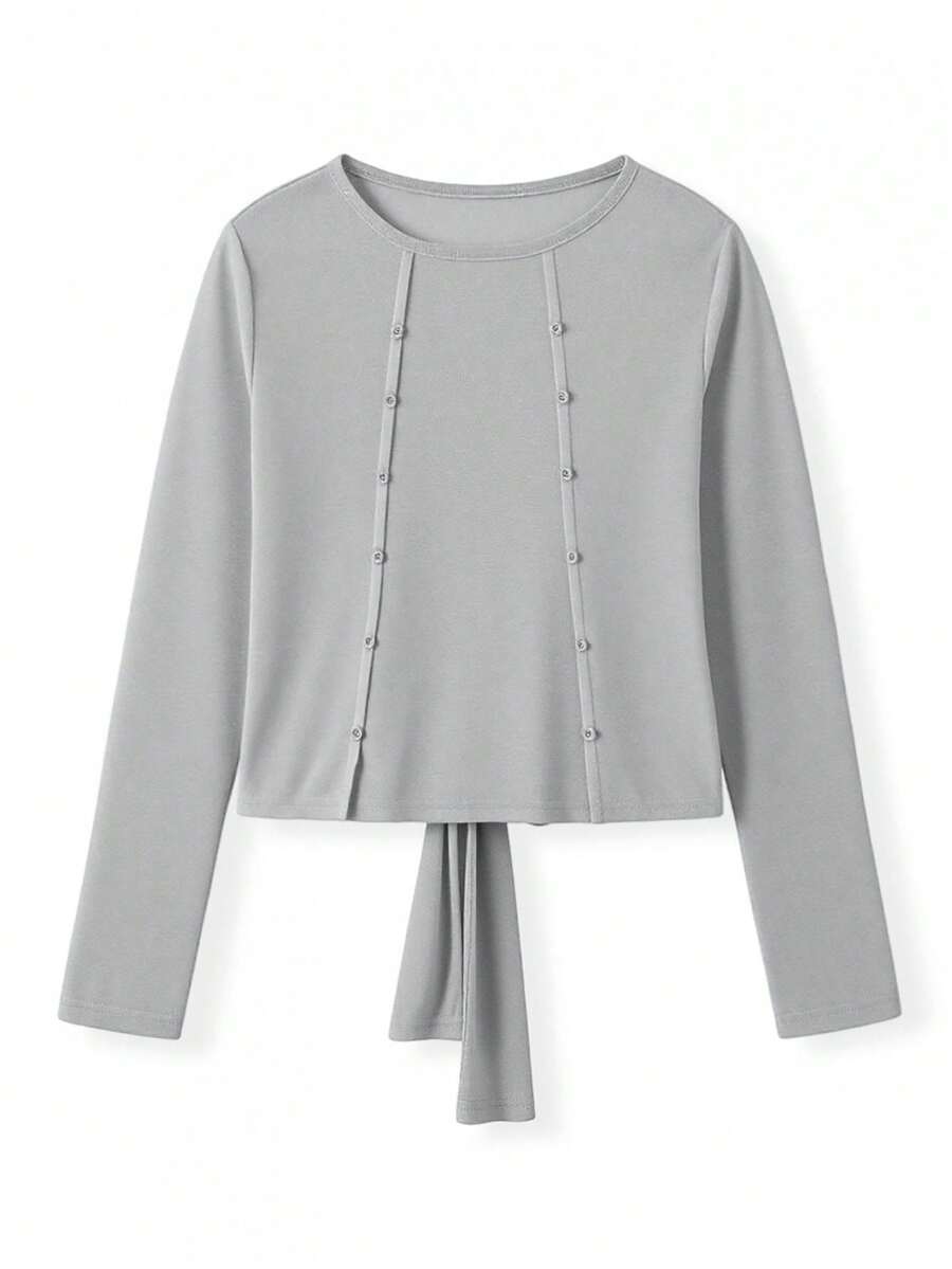 Women's Spring Summer Ruched Tops Long Sleeve Solid Color Slim Fit Sheer Blouses - Ash - View 1