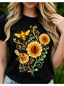 Camiseta de Moda con Estampado Floral de Girasol y Abeja Estilo Cottagecore, Manga Corta con Cuello Redondo para Mujer, Negro/Blanco, Top con Estilo Natural de Primavera - Negro - Ver 4