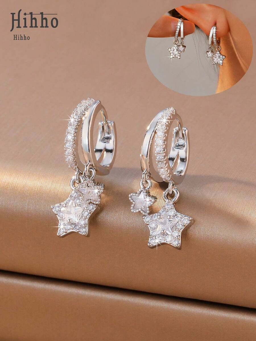 Hihho 1 Par de Brincos de Luxo Versáteis com Dupla Argola Cravejada de Diamantes e Dupla Estrela, Joias Requintadas, Elegantes e Criativas para Mulheres, Adequados para Uso Diário e Presentes Decorativos para Festas. - Brincos de estrela - Ver 1