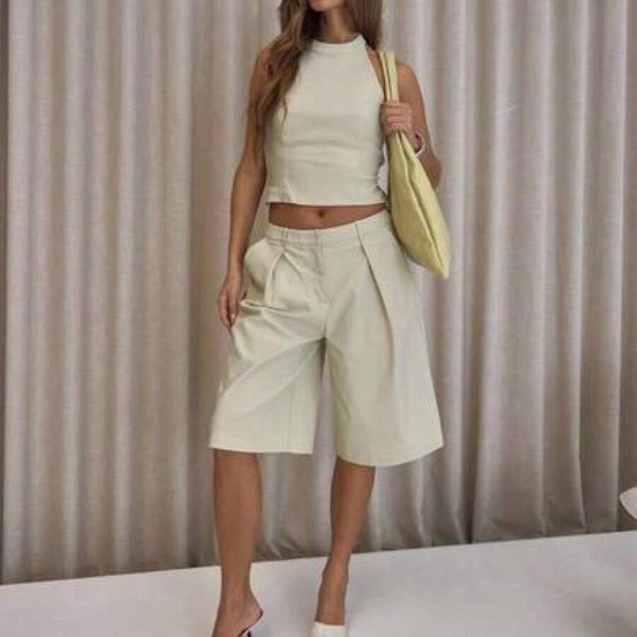 Pleated Straight Fit Tailored Longline Shorts Only Classy Sexy Streetwear Night Out Party Spring Elegant  Summer Casual Holiday - Caqui - Ver 1