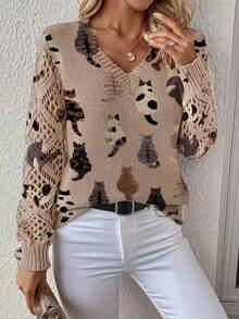 Elegant Versatile V-Neck Long Sleeve Women Sweater With Cat Graphic Digital Printing Vacation - Khaki - View 2