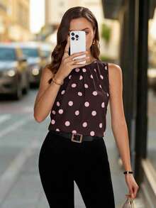 Blusa sin mangas con pliegues y estampado de lunares para mujer - Burdeos - Ver 6