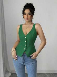 Camiseta sin mangas de un solo pecho de unicolor casual para mujer - Verde 2 - Ver 7