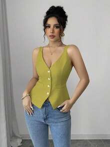 Camiseta sin mangas de un solo pecho de unicolor casual para mujer - Verde 3 - Ver 6