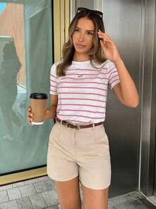 PariChic Camiseta casual de mujer a rayas, camisetas gráficas versátiles para mujer - Rosa - Ver 5
