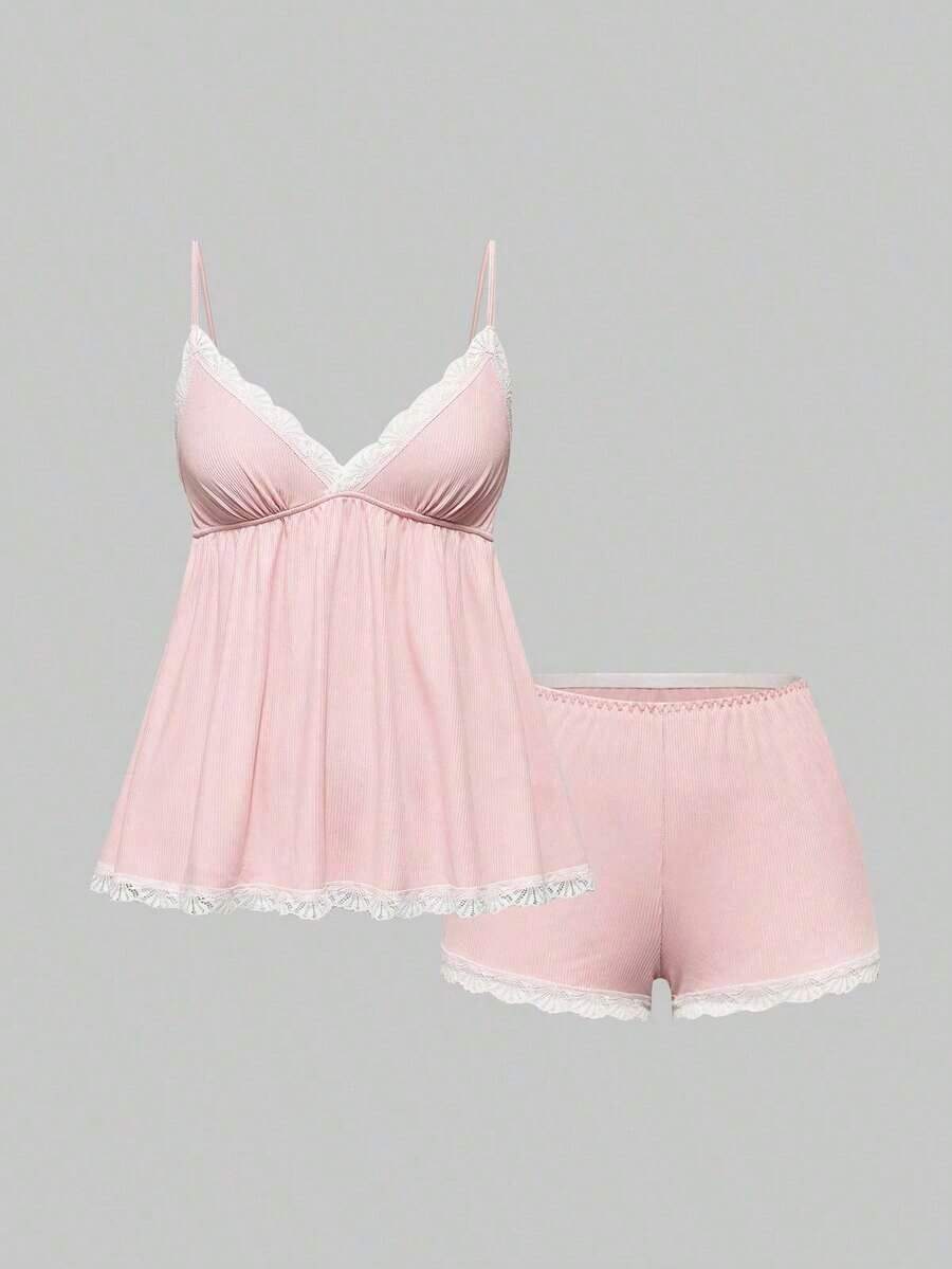 Conjunto de pijama casual de camiseta de tirantes acanalada y shorts con encaje - Rosa - Ver 1