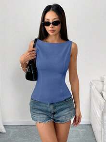Camisa sin mangas con lazo en la espalda de unicolor, elegante, casual, sexy y minimalista para uso en la oficina y negocios para mujeres, primavera/verano - Azul - Ver 7