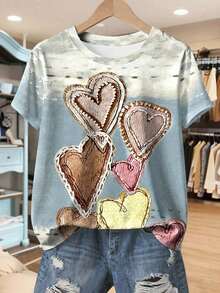 Camiseta de mujer con cuello redondo y manga corta con estampado floral sintético, cómoda para uso casual diario - Niebla azul 2 - Ver 5