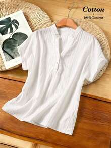 Camisa de mujer de unicolor con cuello en V, casual y versátil para uso diario - Blanco - Ver 1