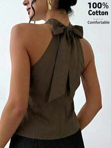 Blusa elegante minimalista con cuello drapeado y lazo delantero para mujeres, color albaricoque - Café integral - Ver 8