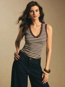 Camiseta de tirantes casual a rayas para mujer, de verano - Marrón - Ver 9