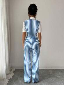 Conjunto de 2 piezas de camisa a rayas azul y blanco + pantalones elegante para ir al trabajo y de vacaciones para mujeres - Azul y blanco - Ver 2