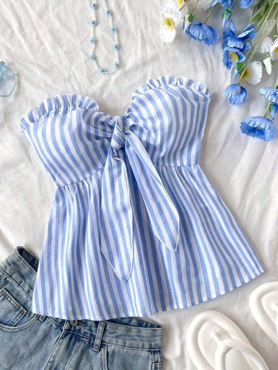 Top tubo con volantes y nudo delantero con estampado de rayas y bloques de color para vacaciones de verano en la playa de mujer - Azul y blanco - Ver 1