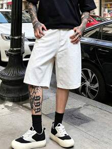 Men's Fashionable Crochet Denim Shorts - Beige - View 4