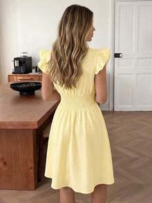 Vestido de verano de línea A con volantes, mangas de campana y cintura fruncida, 100% algodón crepé, casual, relajado, elegante, para uso diario, resort y verano para mujeres - Amarillo - Ver 5
