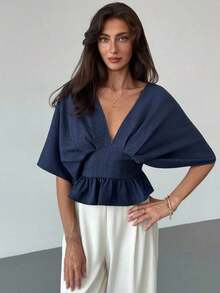 Blusa de manga de murciélago de unicolor elegante para mujer, de verano - Azul marino - Ver 4