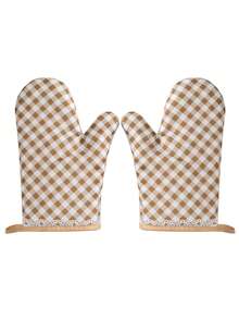 2pcs Beige & Brown Plaid Heat Resistant Gloves, Kitchen Baking Microwave Oven Insulated Non-Slip Gloves - View 5