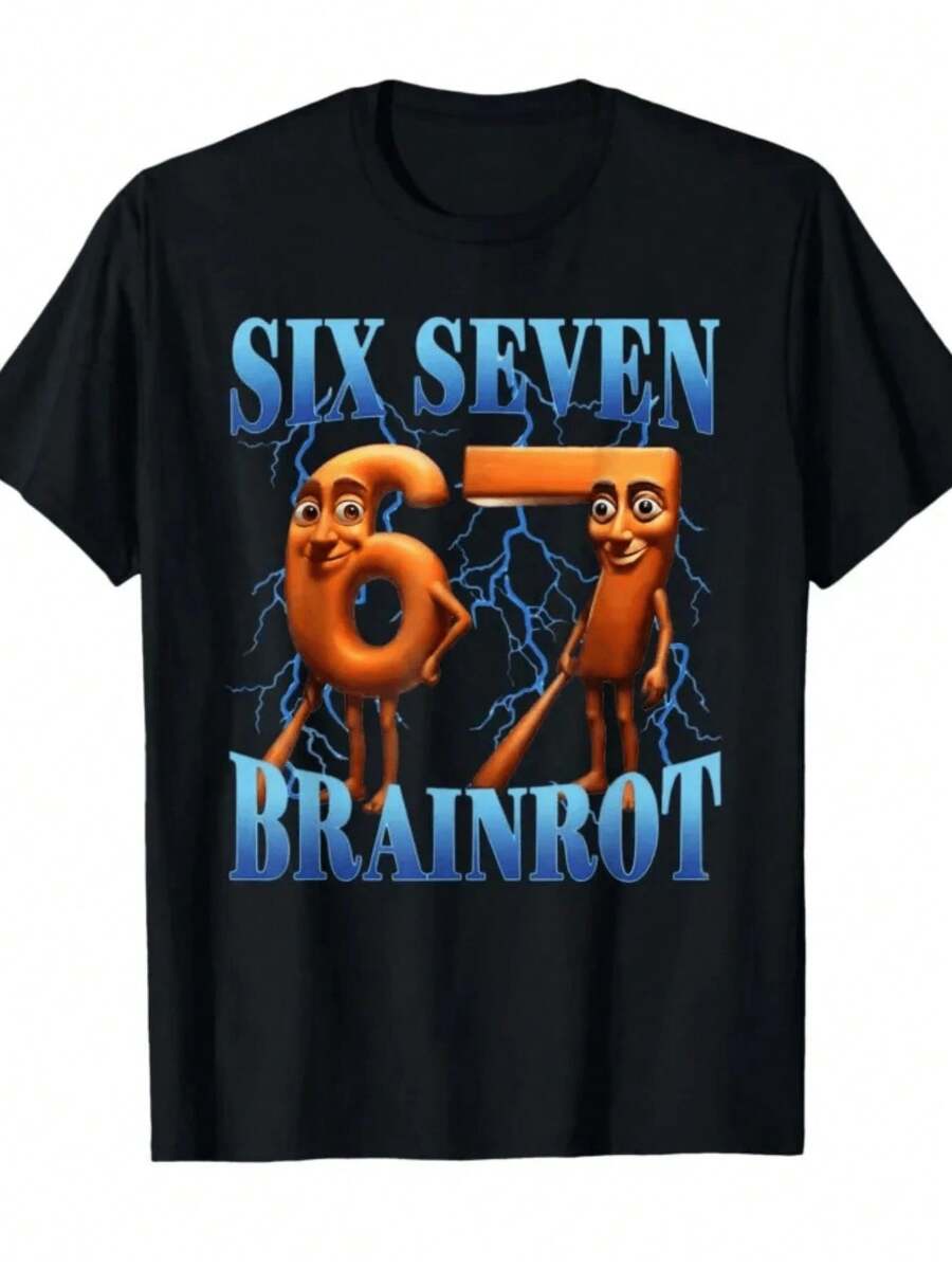 67 Italian Brainrot Tung Tung Sahur Six Seven-Shirt Men Women% Cotton Shirts Short Sleeve Tops P747 - 黑色 - 查看 1