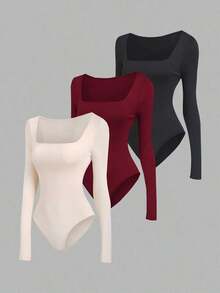 Sweetro Set de 3 bodys de manga larga para mujer en color albaricoque, marrón café y negro, de ajuste ceñido y estilo minimalista y versátil para el día a día - Multicolor 10 - Ver 9