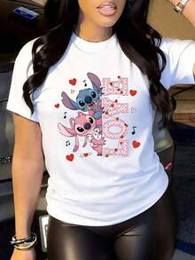Camiseta de algodón negra de manga corta y cuello redondo con estampado de Stitch y Angel de  para mujer - Blanco - Ver 5