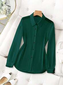 Blusa minimalista de unicolor transparente con cuello vuelto, blusas de manga larga - verde oscuro - Ver 5