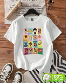 SimpieAndVersatileDesignRopa de mujer de ,Camiseta mujer casual algodón blanca holgada cuello redondo manga corta primavera verano uso diario con diseño de LOTERIA 2 tipica mexicanaCottonT-Shirt - Blanco - Ver 6