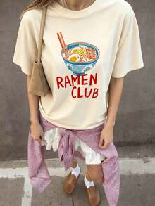 1 Girls' Short Sleeve Crew Neck T-Shirt With Ramen Print, Summer Clothes For Young Students And Teens - The Ramen Print T-Shirt Brings Joy And Happiness To Every Child! RAMEN CLUB - 白色 - 查看 2