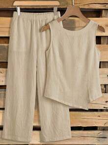 2 piezas Conjunto casual de uso diario con top y pantalones con diseño de abertura de jacquard para mujer - Caqui - Ver 4