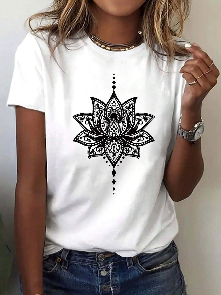 100% Cotton Short-Sleeved T-Shirt With Lotus Petal Print, A Floral T-Shirt For Women In Spring And Summer, Your Ideal Choice! Perfect For Casual Everyday Wear. - 白色 - 查看 1
