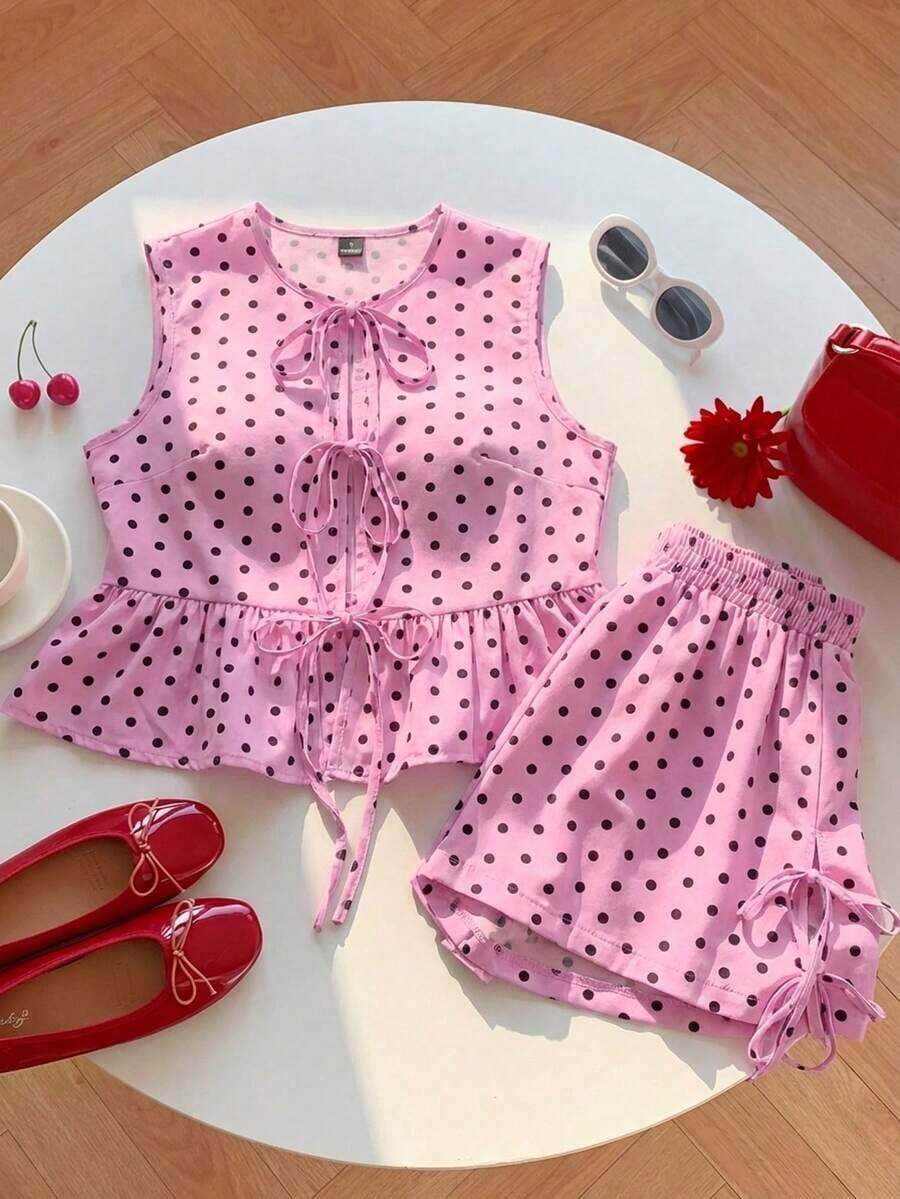 Set de 2 piezas de ropa de mujer con top tipo camiseta con cordones y shorts a cuadros, ideal para el Día de San Valentín - Rosa - Ver 1