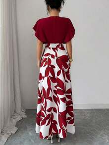 ajustado y acampanado con volantes y mangas de capa, con estampado de hojas de color rojo burdeos, para primavera/verano - Multicolor 3 - Ver 2