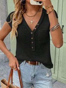 Camiseta de punto de gofre de cuello en V sólido, de manga corta, casual para primavera y verano - Negro 2 - Ver 6