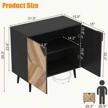 Aparador moderno de almacenamiento con estante ajustable y elegante diseño de espiga – Credenza independiente para comedor – Amplio espacio de almacenamiento para cocina, sala de estar o pasillo - Veta de nogal + negro - Ver 7