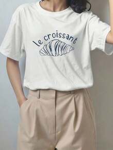 Camiseta de cuello redondo para mujer con estampado de pan y letras, estilo sencillo y elegante.Suitable for spring, summer and autumnmaija - Blanco - Ver 7