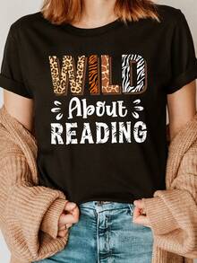 Camiseta de Tela Suave: 1 pieza de camiseta para mujer, estampada con la frase "Crazy About Reading", top casual de manga corta con cuello redondo, ligeramente elástica, de tejido de punto, a la moda para todas las estaciones, adecuada para amantes de los libros. Camiseta de moda. - Negro - Ver 7