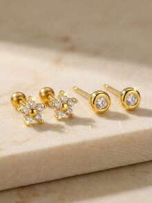 Bộ 4 khuyên tai đính đá CZ hình hoa và hình tròn cổ điển, phối hợp nhiều kiểu dáng, dành cho bé gái, giúp tôn lên vẻ rạng rỡ khi xỏ khuyên tai, thích hợp cho các triển lãm nghệ thuật, trại hè, lễ tốt nghiệp và các dịp lễ hội. Giúp bạn tự tin hơn. - Vàng - Xem 2