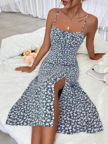Vestido largo con estampado floral diminuto y abertura lateral para mujer - Azul marino - Ver 6
