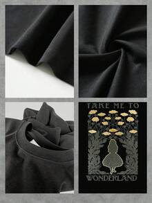 Figure Of A Girl In Front Of Golden Flowers Symbolizing Curiosity And Fantasy In A Magical Dream Garden In The Style Of An Enchanted Fairy Tale. Comfortable And Soft Women's T-Shirt Ideal For Everyday Wear And Relaxed Moments. - 黑色 - 查看 4