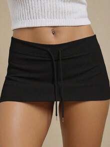 Minifalda de mujer con cintura baja y cordón, para verano - Negro - Ver 1