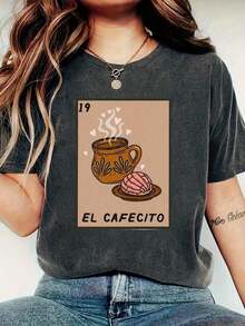 1 pieza Camiseta Gráfica de Mujer 19 EL CAFECITO con Diseño de Pastel de Café - Camiseta Casual de Manga Corta con Cuello Redondo Suave para Uso Diario con Diseño de Café Español Impreso, Camiseta Unisex de Nuevo Estilo para Uso Diario Casual, Ropa Básica para las 4 Estaciones, Bestseller para el Día de San Valentín, Camisetas para Mujeres de Oficina, 180g Algodón 100%. - Blanco - Ver 4