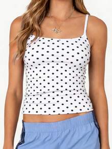 Women Polka Dot Print Square Neck Cami Tank Top - White - View 3
