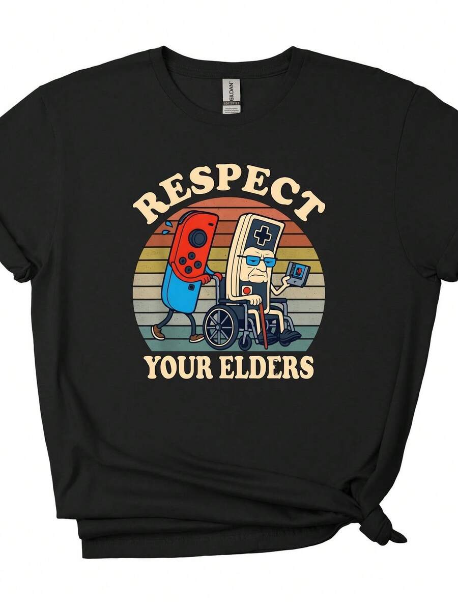 Camiseta "Respeta a tus mayores", camiseta divertida de los 80 con mando de videojuegos, regalo para jugadores de videojuegos, camiseta divertida para gamers, regalo para gamers. Camiseta unisex de algodón puro de 220 g, peso ideal para todas las estaciones, apta para hombres y mujeres. Tejido duradero de alta calidad, suave al tacto y de larga duración. Parte superior transpirable. Adecuada para la primavera y el verano de las mujeres, vacaciones, Día de la Madre, Día de la Independencia. - Negro - Ver 1