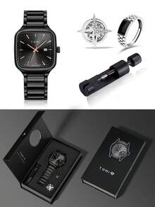 TOMI Men's Quartz Watch With Logo Brooch & Ring, Stainless Steel Strap, Deep Blue Brushed Dial, Vintage Rectangular Case, Quartz Movement, Gift Box Set, Suitable For Daily Life, Business Events, Father's Day, Valentine's Day, Christmas, Commuting, Dating - Black - View 7
