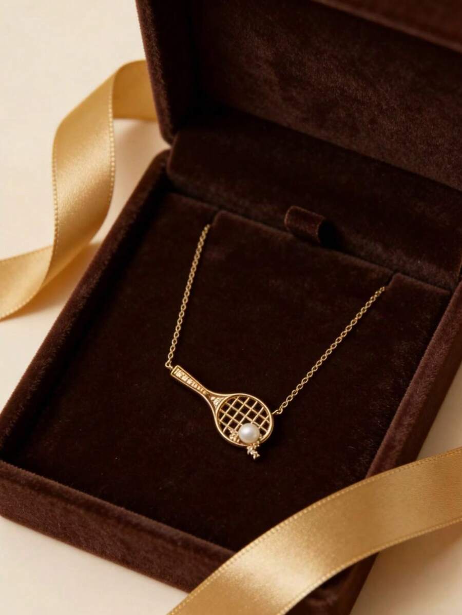 1pc Luxury Sports-Inspired Tennis Racket Faux Pearl Necklace, Fashionable Exquisite High-End Versatile Retro Jewelry Gift For Women - A Necklace - View 1